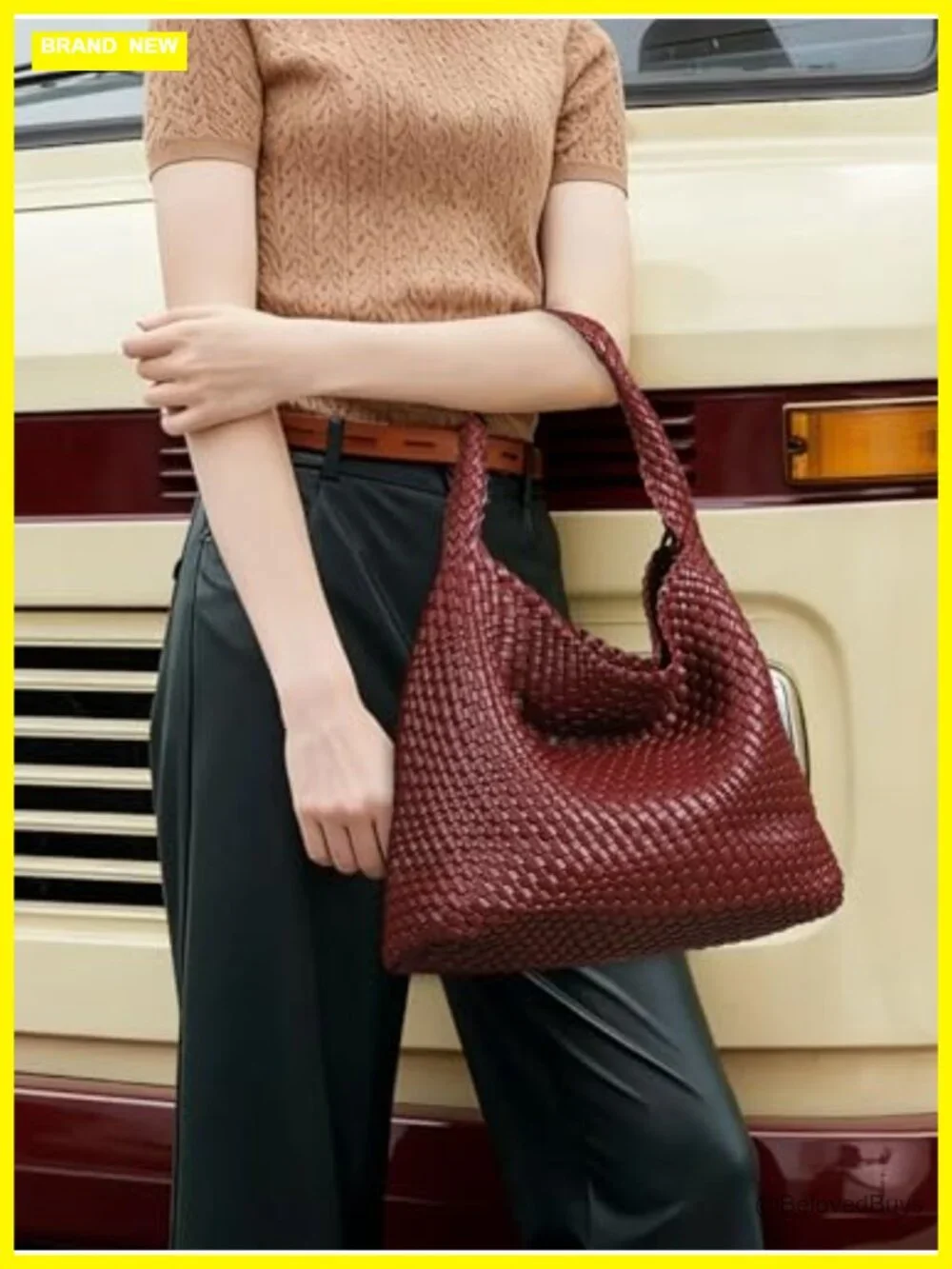 Woven Vegan Leather Hobo Tote Bag with Magnetic Closure Shoulder Bag
